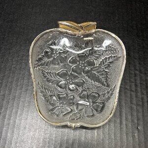 Vintage Depression Glass Candy Nut Trinket Dish Apple Shaped Embossed Flower
